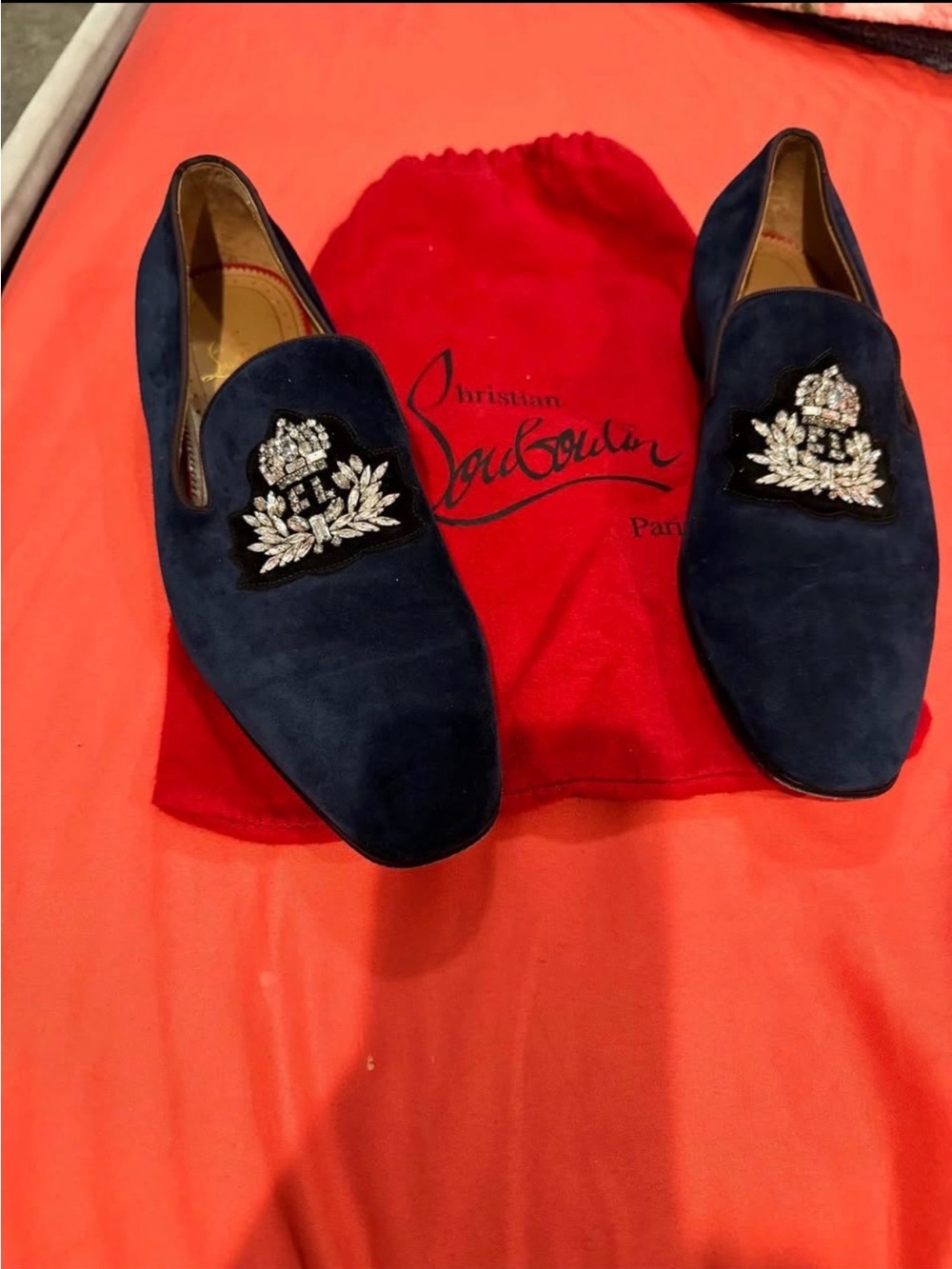 Christian Louboutin Navy Suede Crystal Crest Loafers